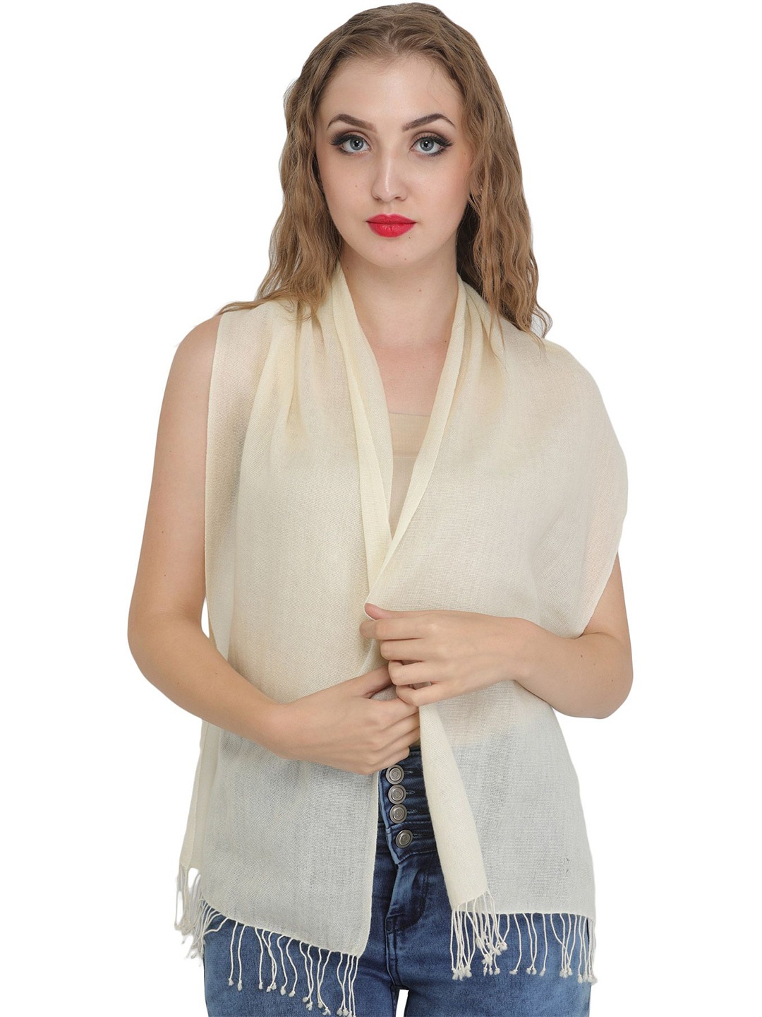 

Exotic India Ivory Pure Wool Woven Stripes Pure Wool Scarf, Off white