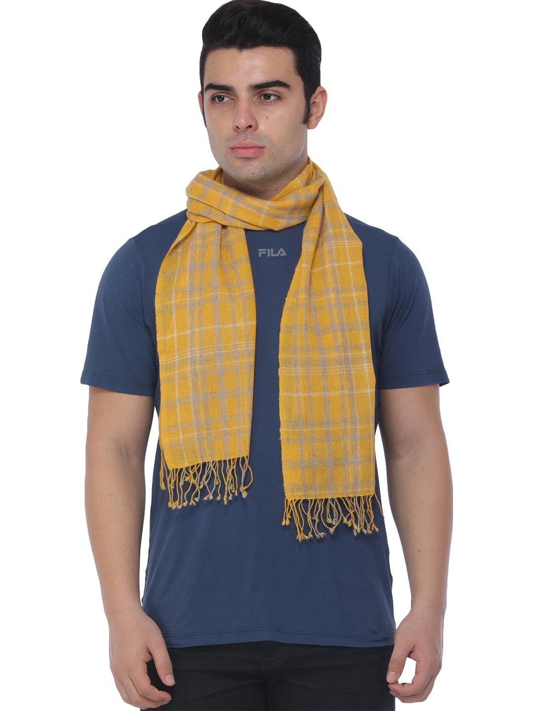 

Exotic India Old Gold Checks Woven Pure Cashmere Wool Men's Scarf, Yellow