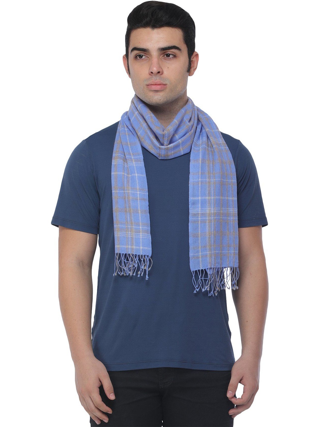 

Exotic India Marina Checks Woven Pure Cashmere Wool Men's Scarf, Blue