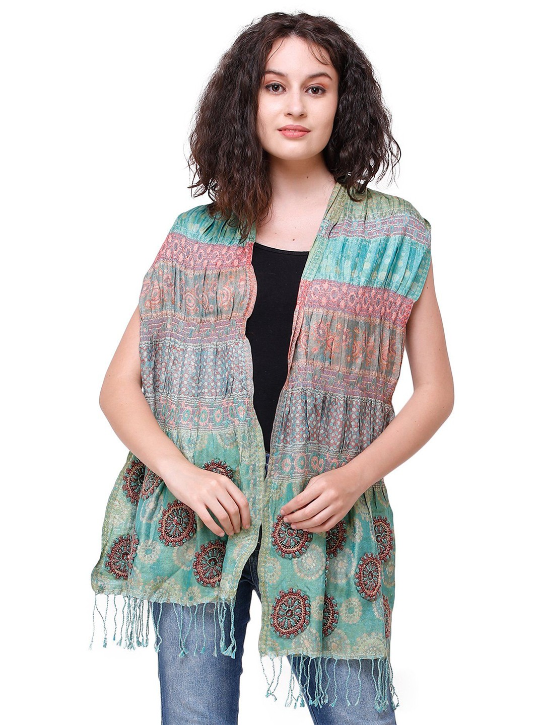 

Exotic India Ming Green Jamawar Scarf with Wool Embroidery and Faux Pearls