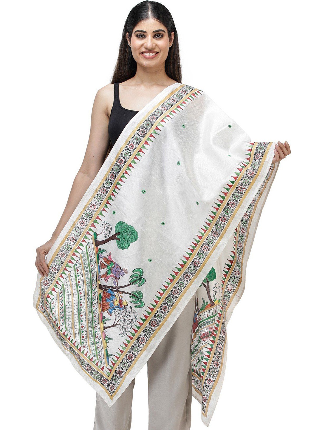 

Exotic India Yellow Gold Hand-Painted Pattachitra Silk Scarf, White