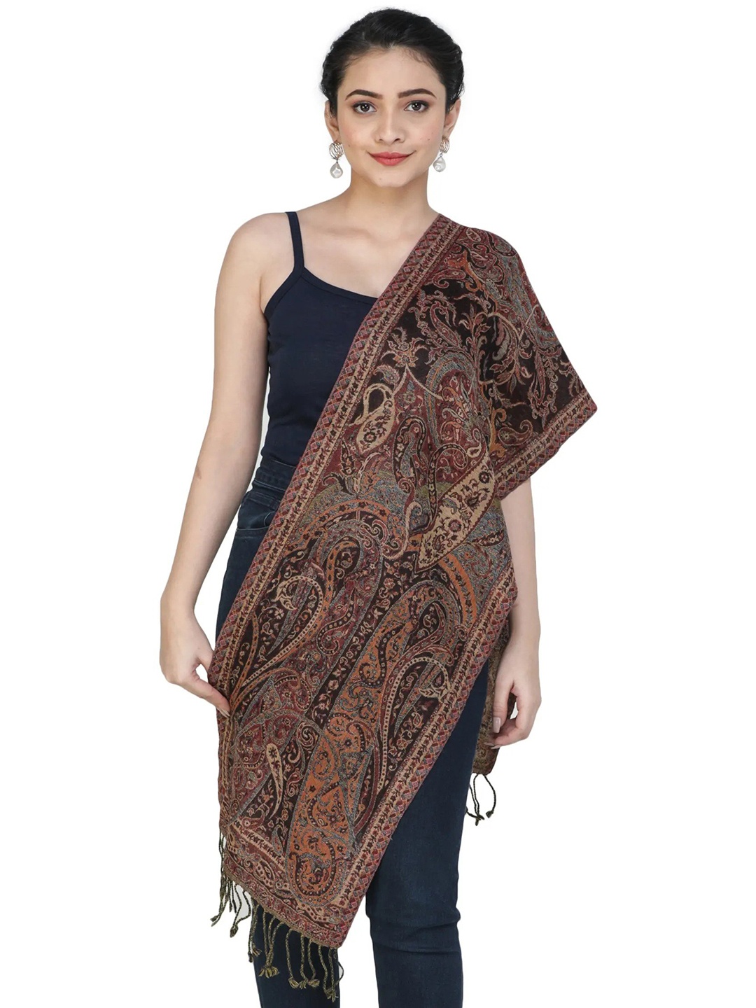 

Exotic India Bristol Black Reversible Woven Paisleys Jamawar Wool Scarf