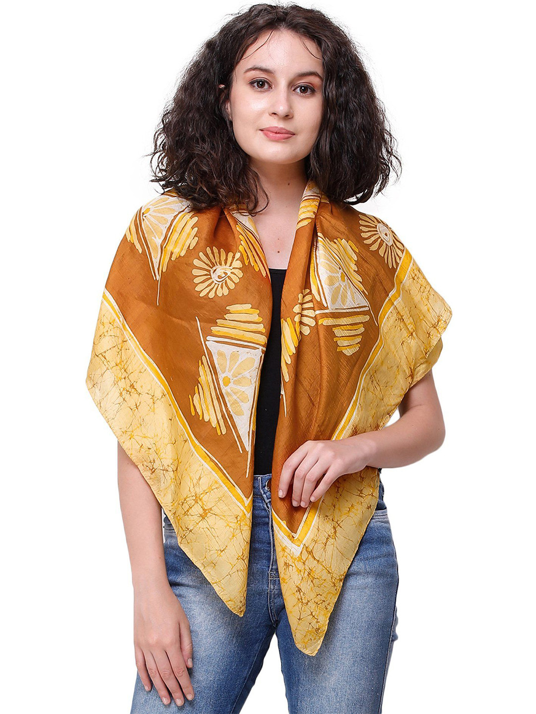 

Exotic India Caramel Batik Pure Silk Scarf with Floral Bootis and Triangles, Yellow
