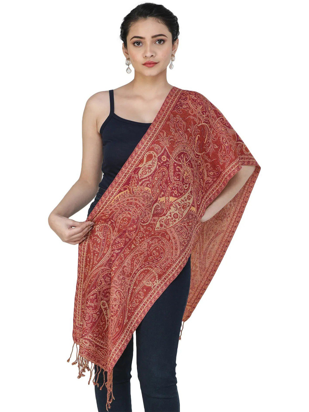 

Exotic India Granita Reversible Woven Paisleys Jamawar Wool Scarf, Orange