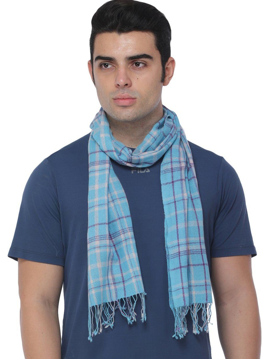

Exotic India River Blue Checks Woven Pure Cashmere Wool Men's Scarf