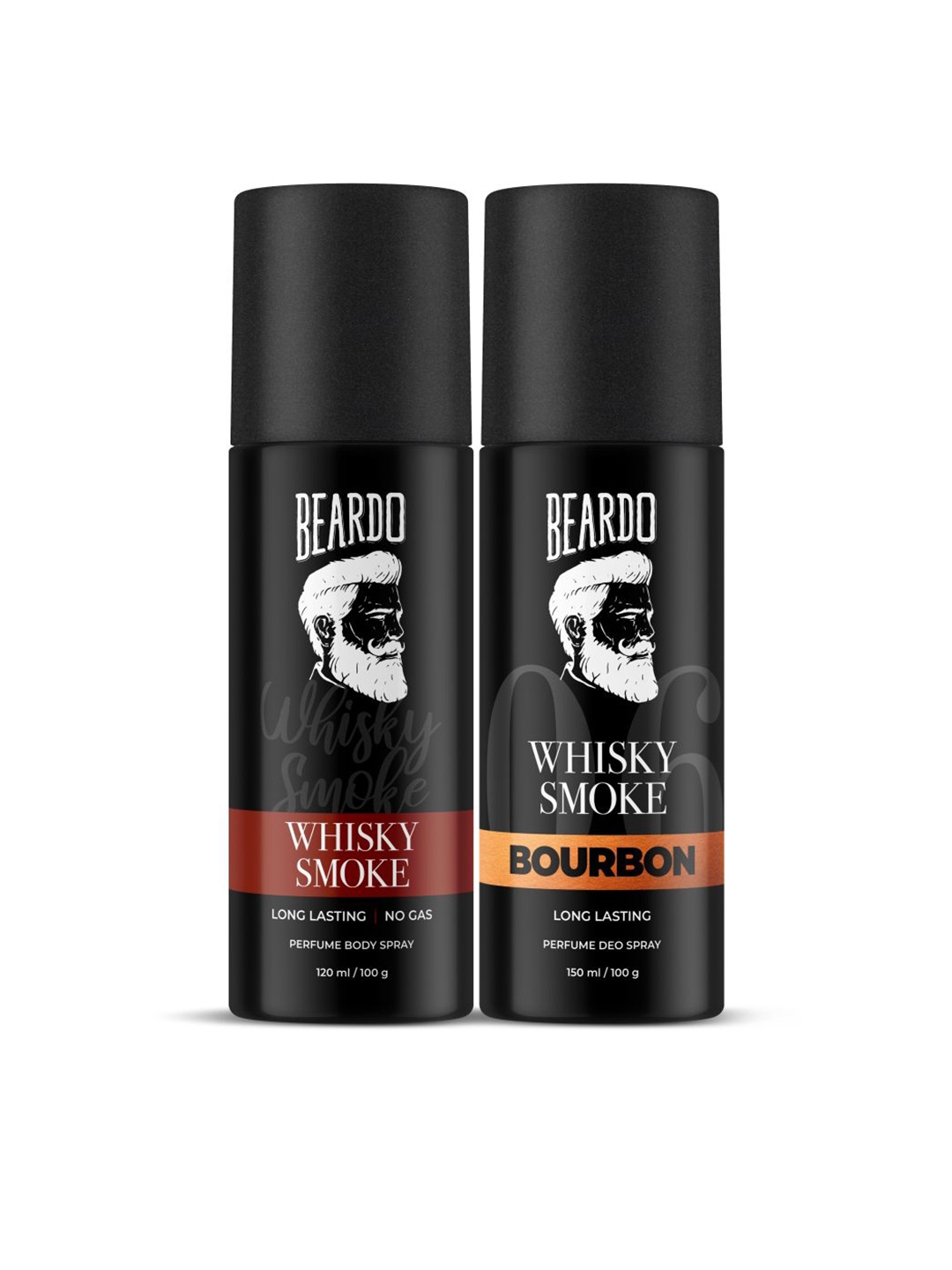 

BEARDO Men Set of 2 LongLasting Perfume Deo Spray 150ml/100g each - Whisky Smoke & Bourbon, Black