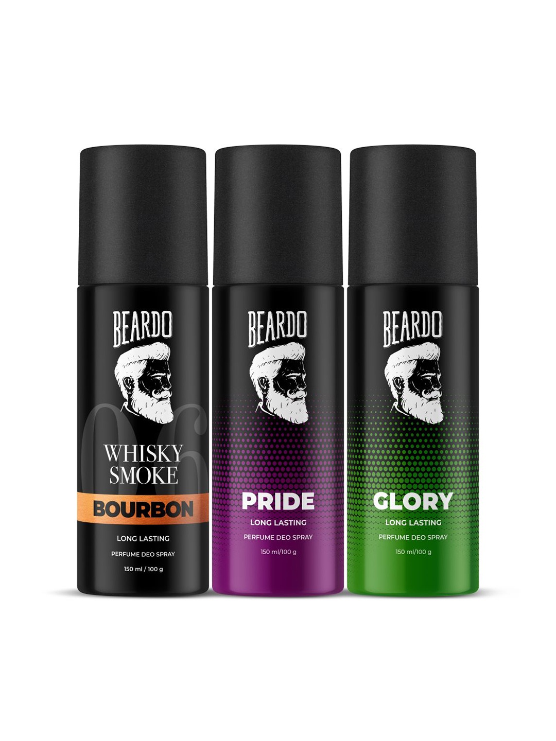 

BEARDO Men Set of 3 Long Lasting Deo Spray 150ml/100g each - Bourbon + Pride + Glory, Black