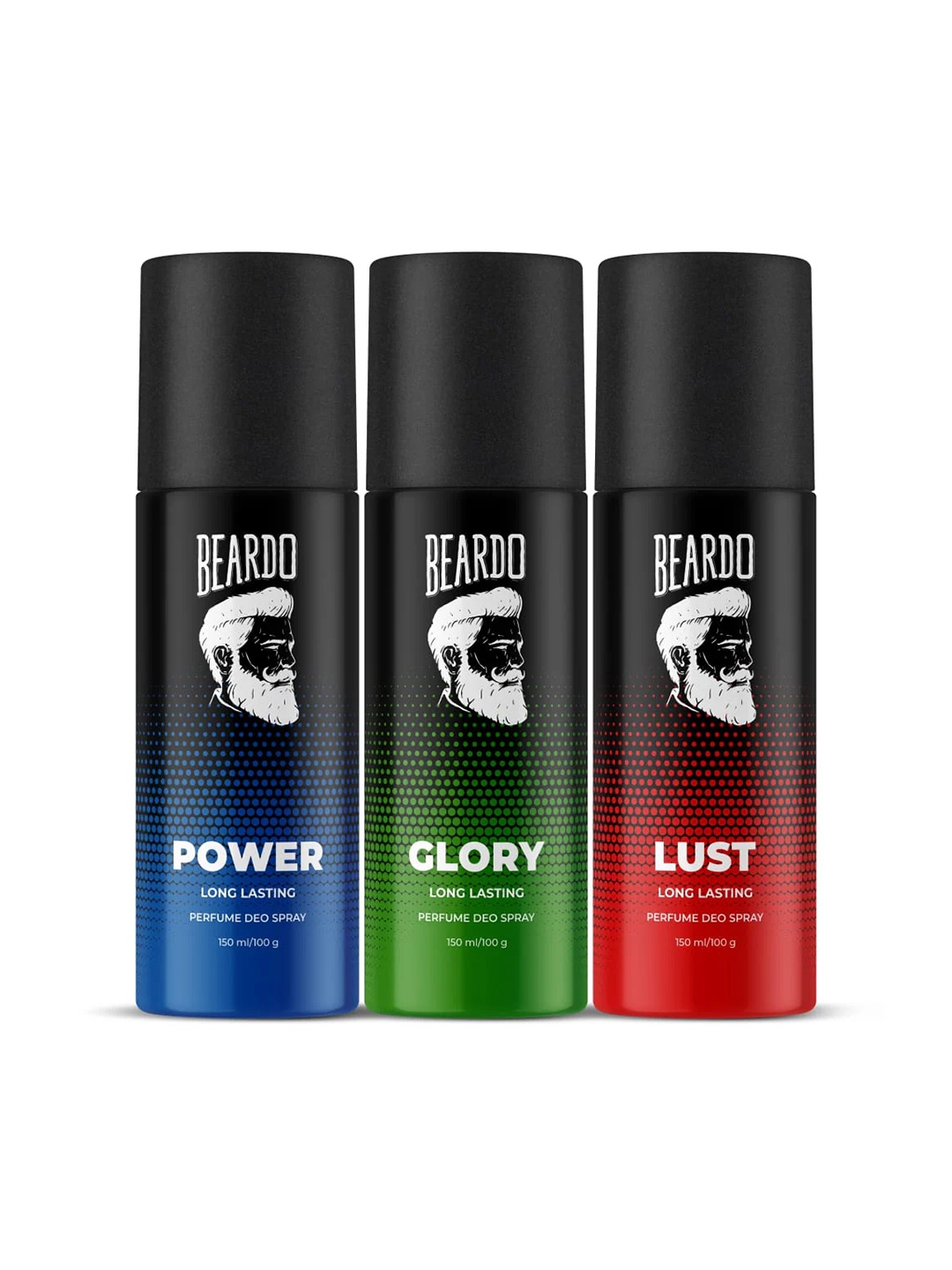 

BEARDO Men Set of 3 Long Lasting Perfume Deo Spray 150ml/100g each - Power + Lust + Glory, Blue