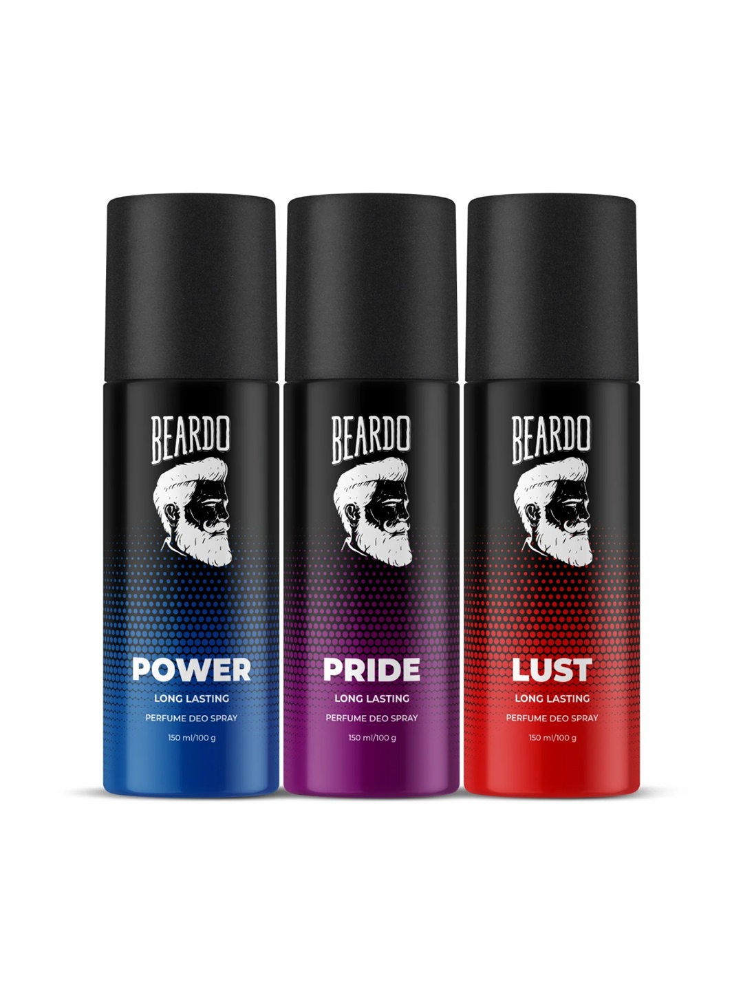 

BEARDO Men Set of 3 Long Lasting Perfume Deo Spray 150ml/100g each - Power + Lust + Pride, Blue