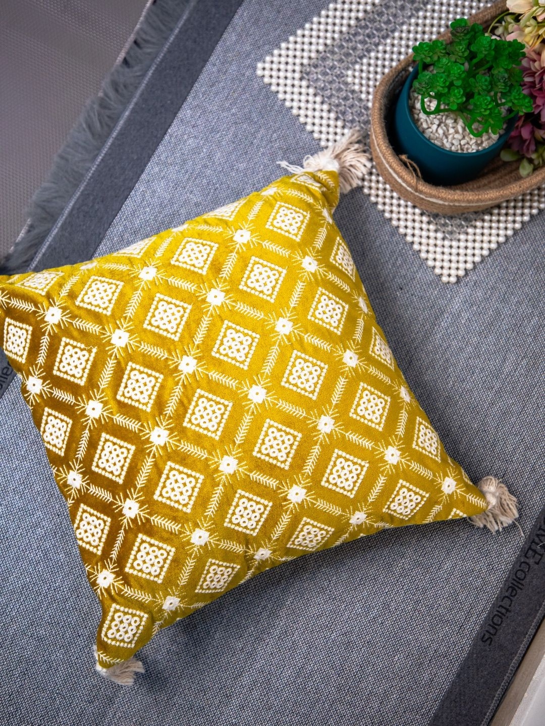 

STUDIOHMK Mustard-Yellow Embroidered Cushion Cover