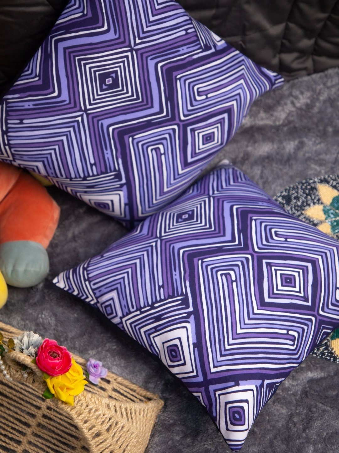 

STUDIOHMK Purple & White Set Of 2 Printed Square Cushion Covers