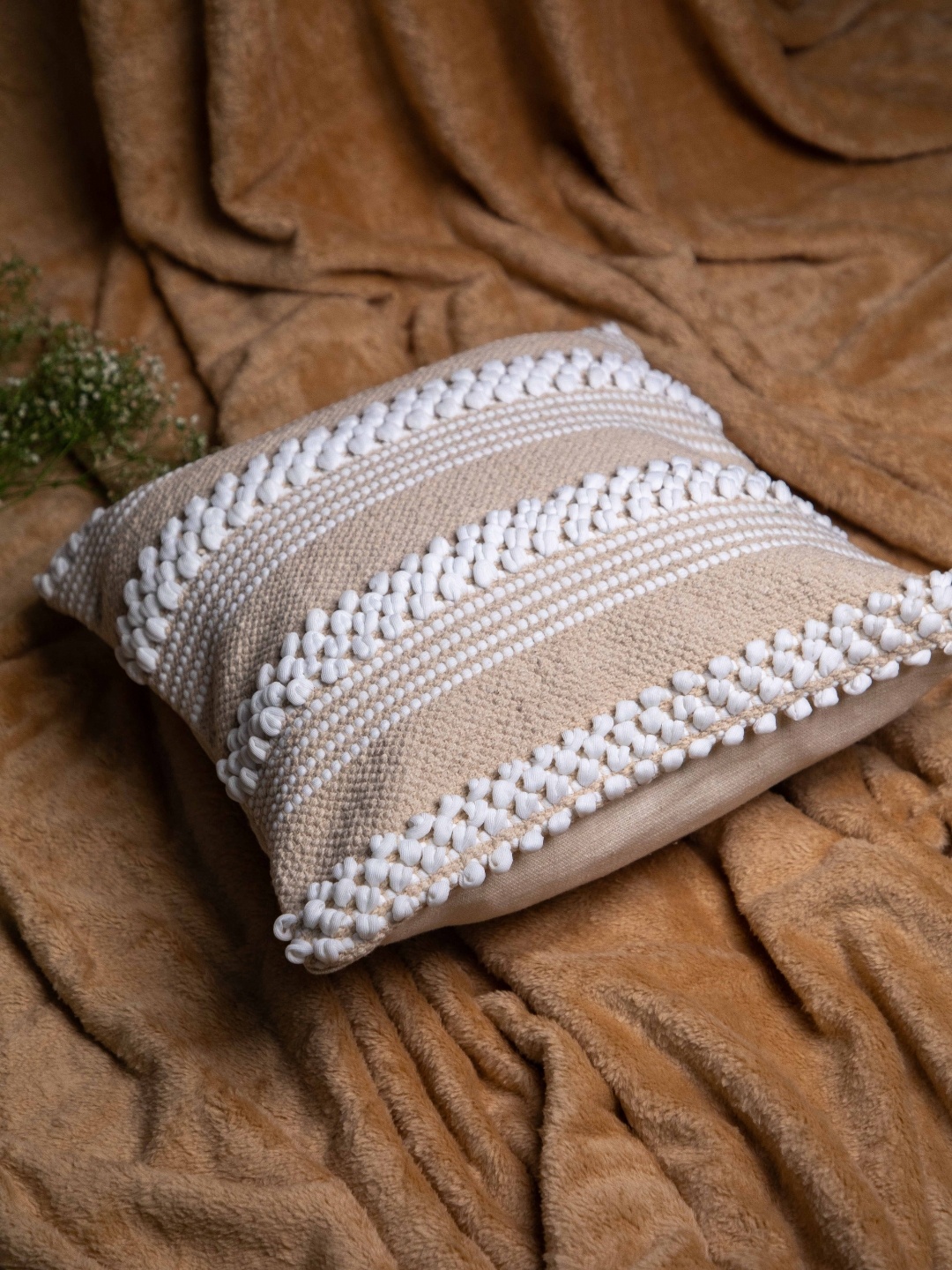 

STUDIOHMK Peach-Colored & White Self-Design Cushion Cover