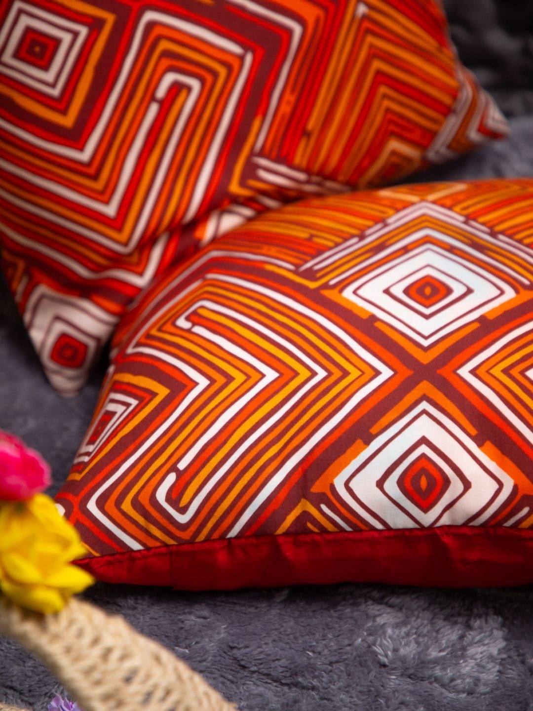 

STUDIOHMK Orange & White Set of 2 Geometric Square Cushion Covers