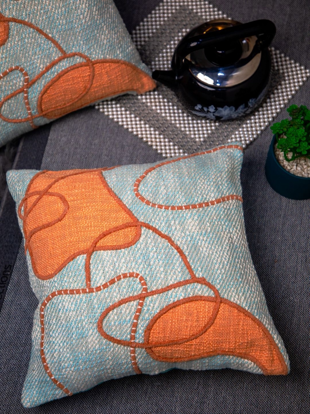 

STUDIOHMK Blue Embroidered Square Cushion Cover