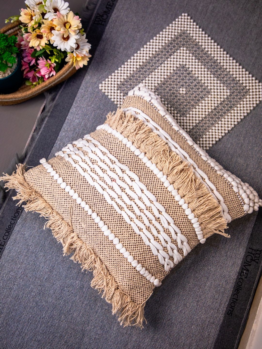 

STUDIOHMK Light Peach & White Square Cushion Cover, Khaki