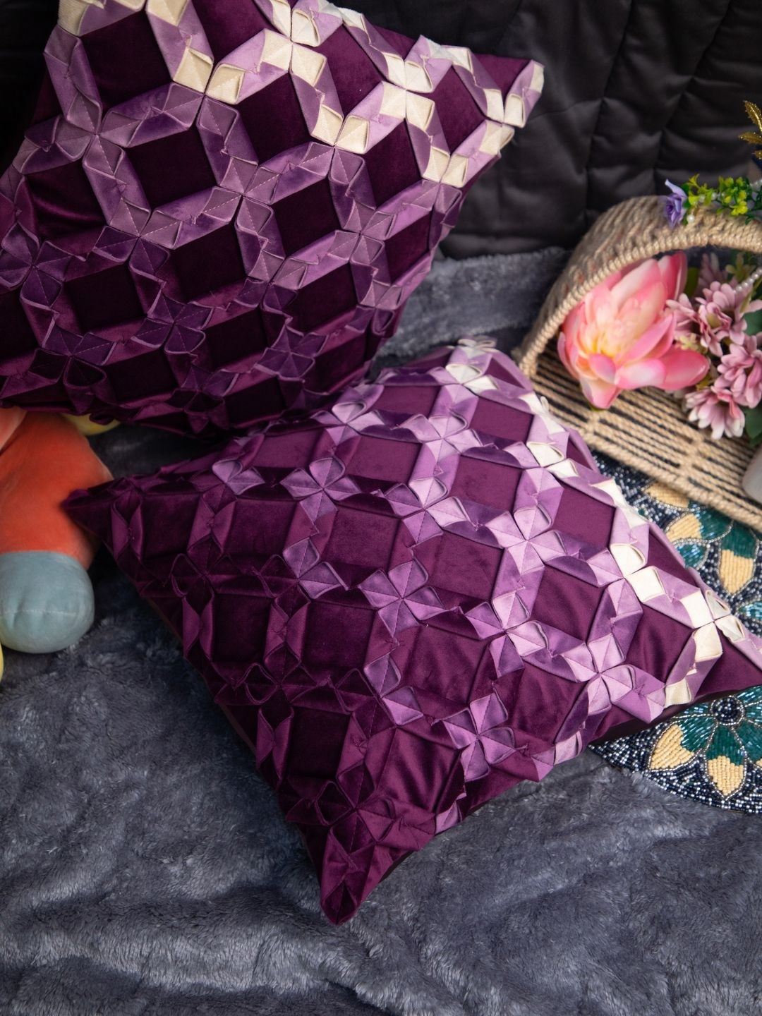 

STUDIOHMK Purple Embroidered Square Cushion Cover
