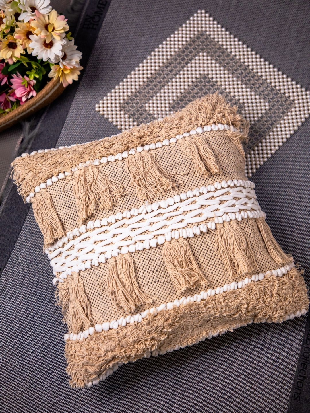 STUDIOHMK Peach-Colored & White Self-Design Cushion Cover