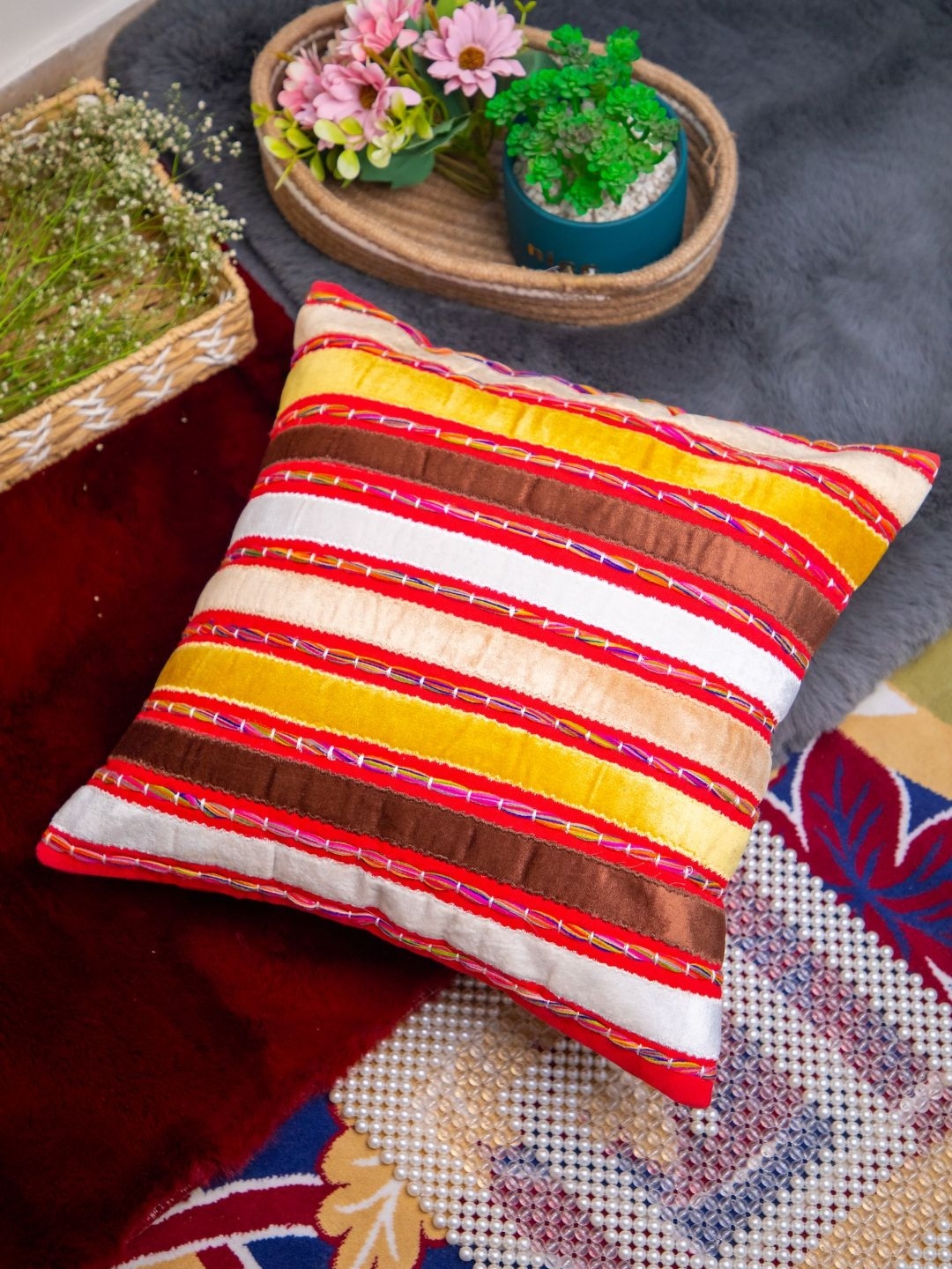 

STUDIOHMK Embroidered Square Cushion Cover, Yellow