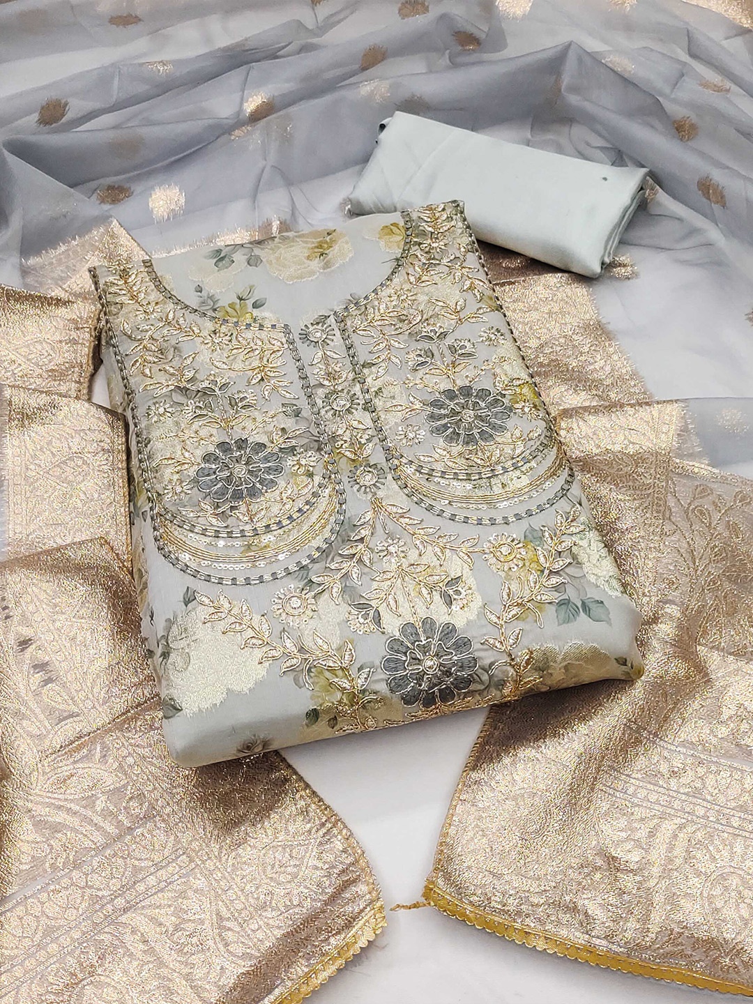 

KIMISHA Floral Beads and Stones Unstitched Dress Material, Grey