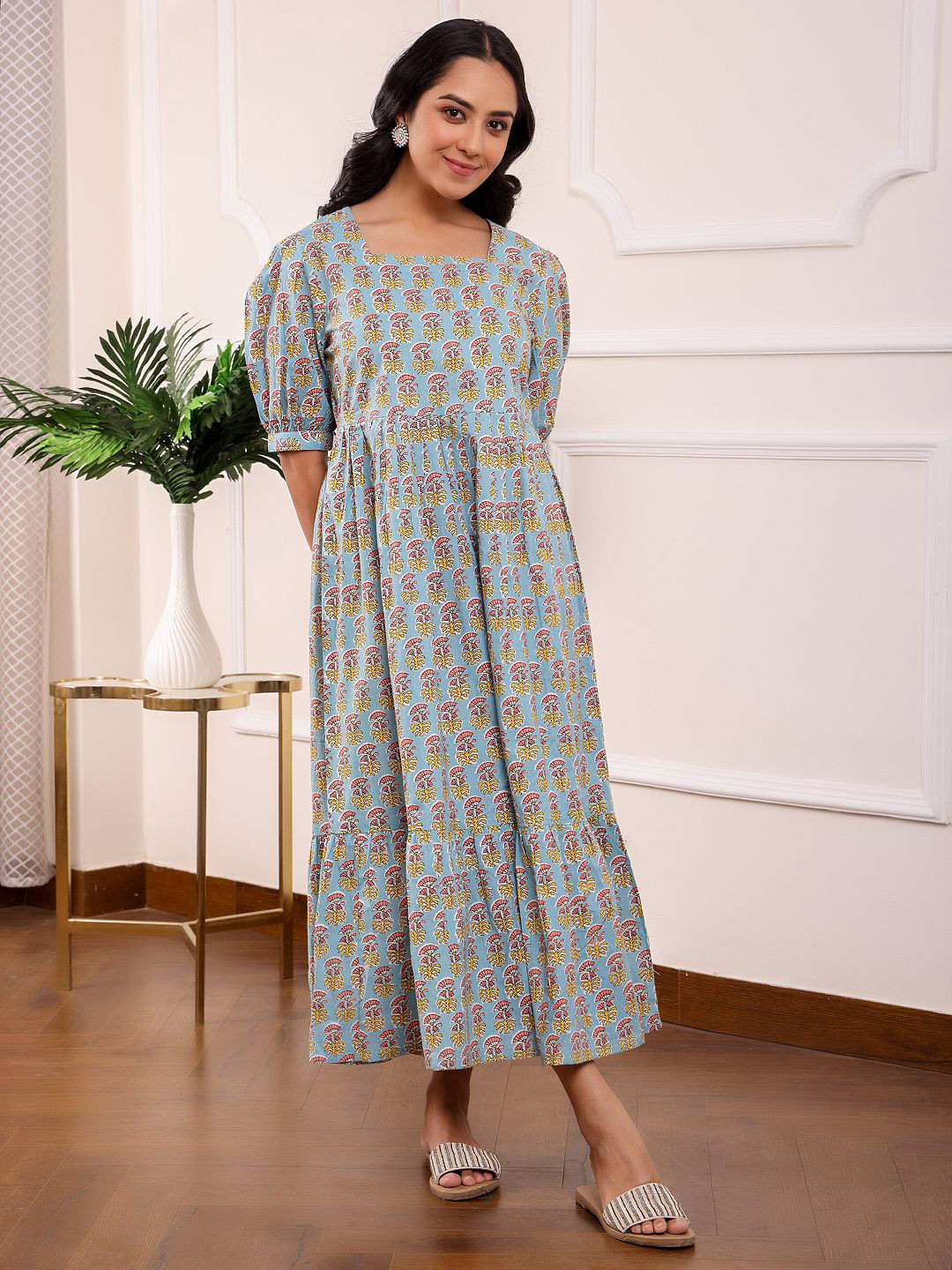 

Chowkhat Women Printed Pure Cotton Gathered Tiered Fit & Flare Ethnic Dress, Blue