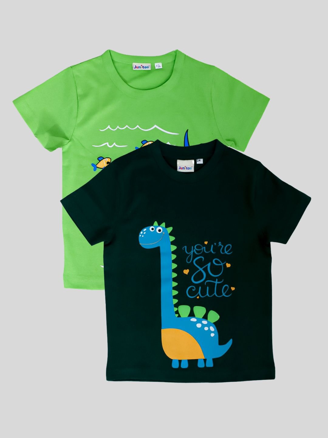 

JUNITOS Boys Pack Of 2 Graphic Printed Cotton T-shirts, Green
