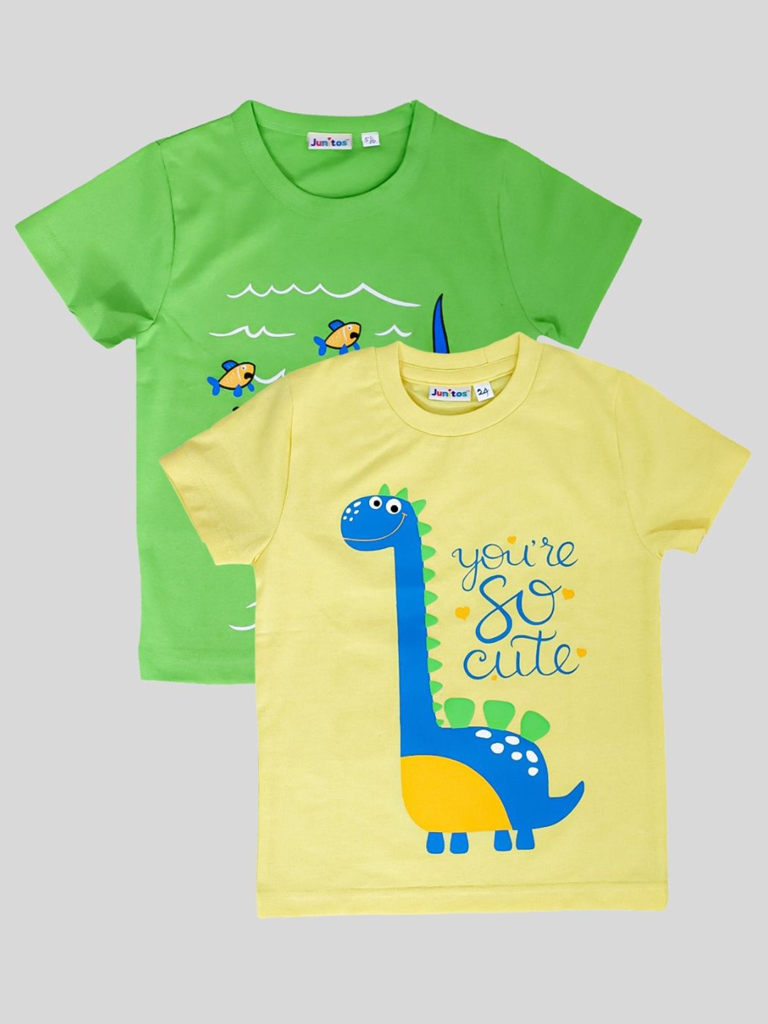 JUNITOS Boys Pack Of 2 Graphic Printed Round Neck T-shirts, Green