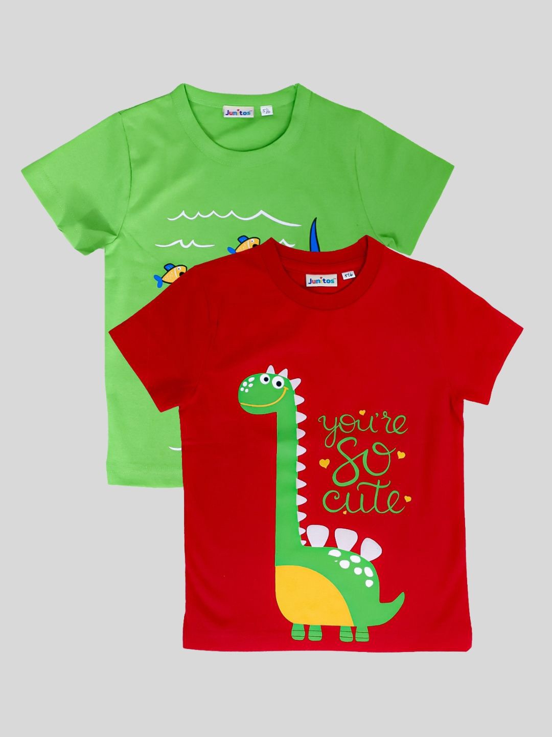 

JUNITOS Boys Pack Of 2 Graphic Printed Pure Cotton T-shirts, Green