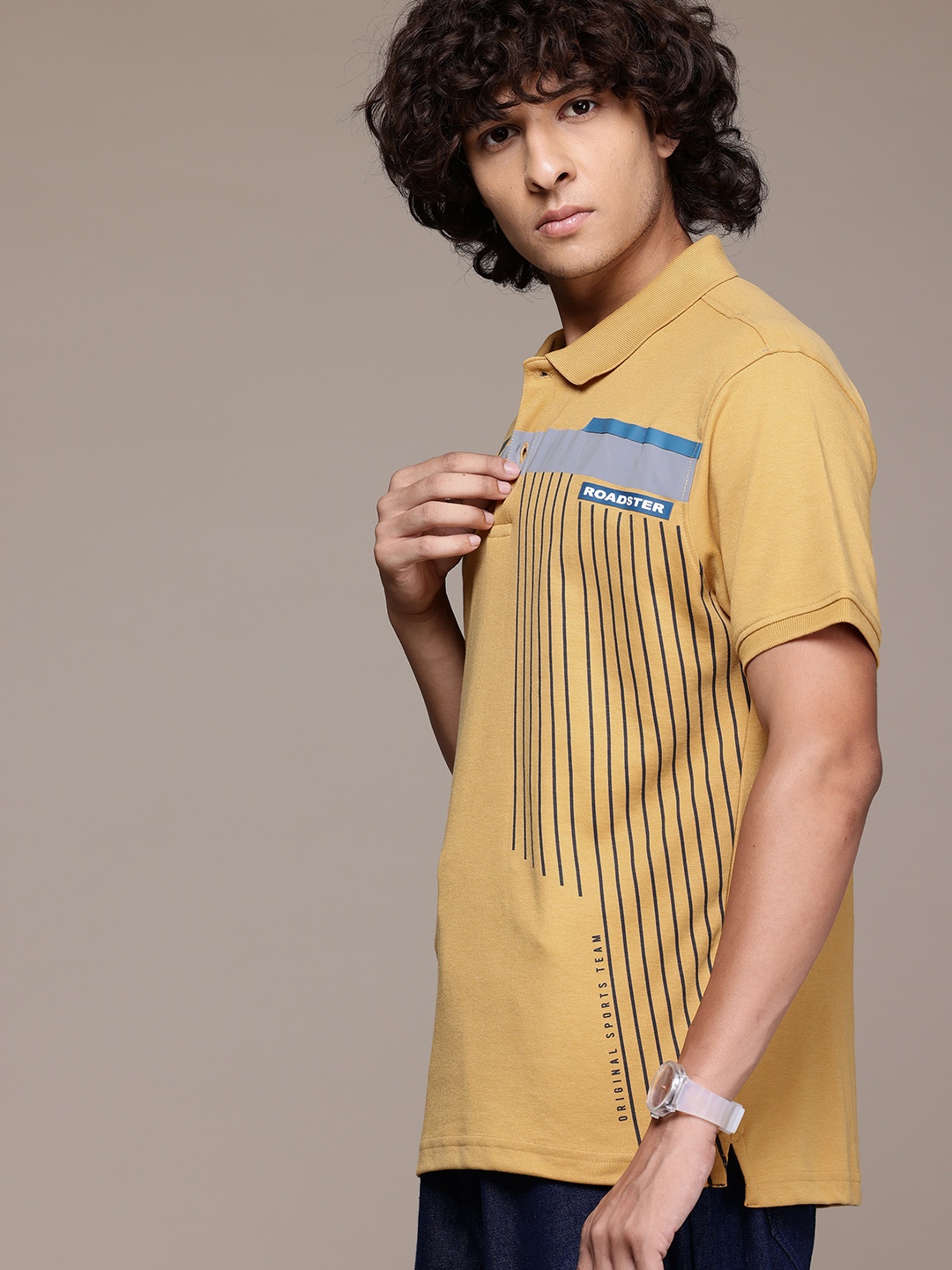 

Roadster Men Striped Polo Collar T-shirt, Mustard