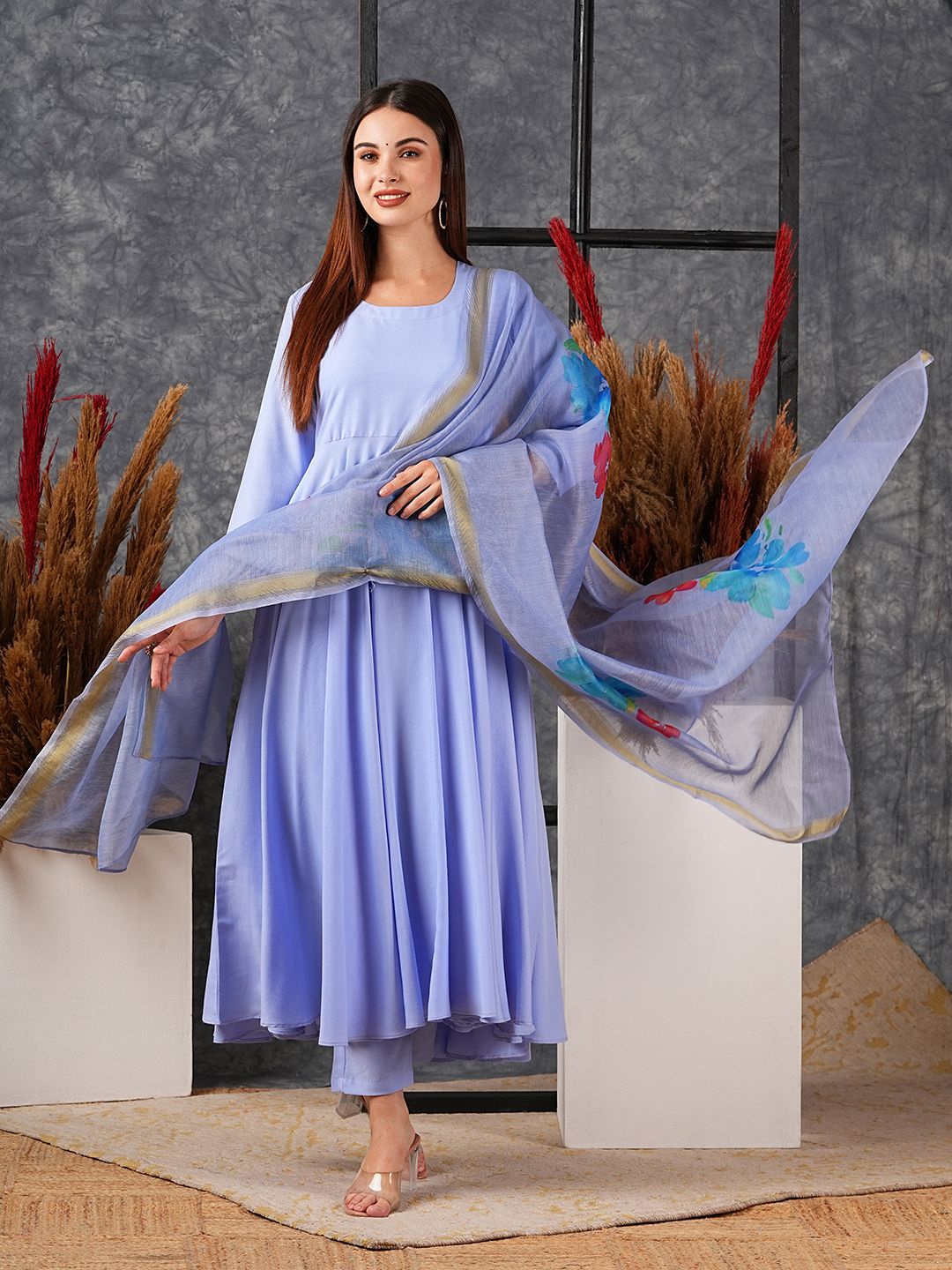 

Anni Designer Women Solid Regular Anarkali Kurta with Trousers & With Dupatta, Purple