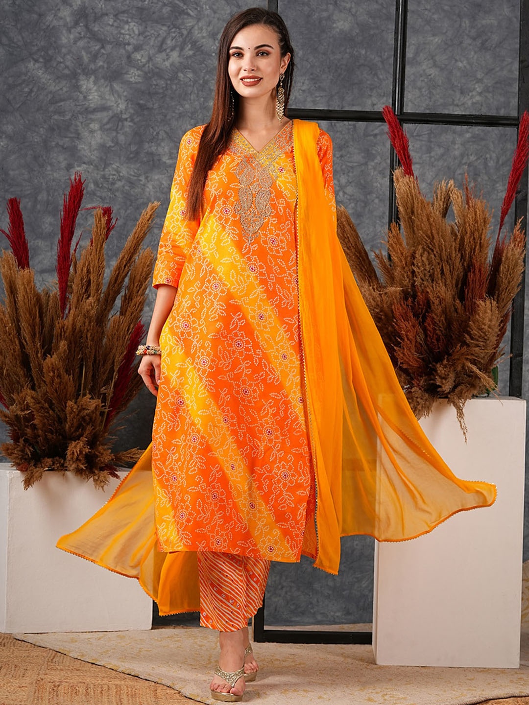 

Anni Designer Women Bandhani Printed Regular Sequinned Kurta with Trousers & With Dupatta, Mustard