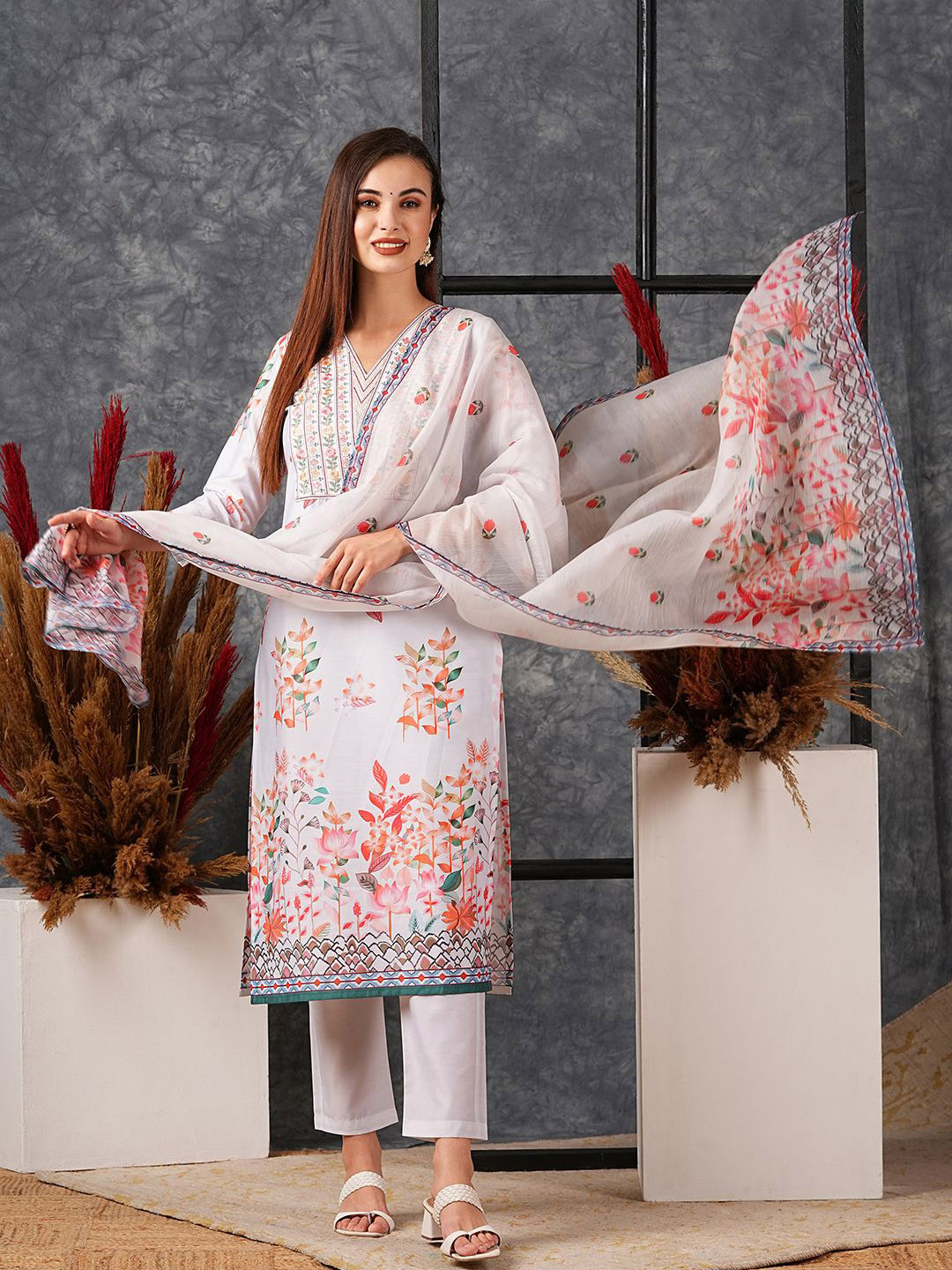 

Anni Designer Women Floral Printed Regular Kurta with Trousers & With Dupatta, Cream