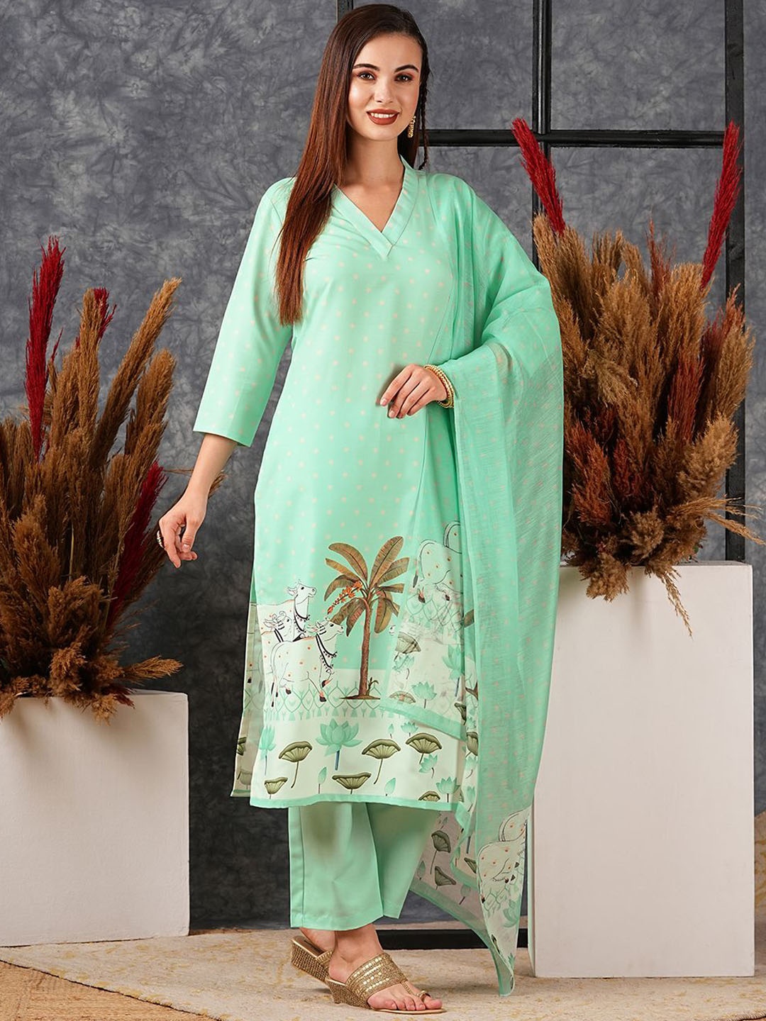 

Anni Designer Women Printed Regular Kurta with Trousers & With Dupatta, Sea green