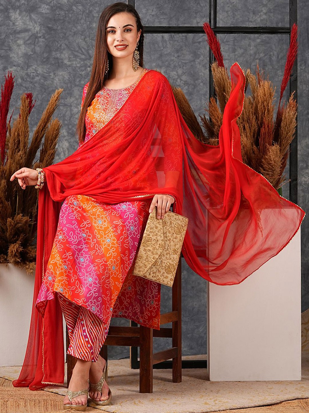 

Anni Designer Women Bandhani Printed Kurta with Trousers & With Dupatta, Pink