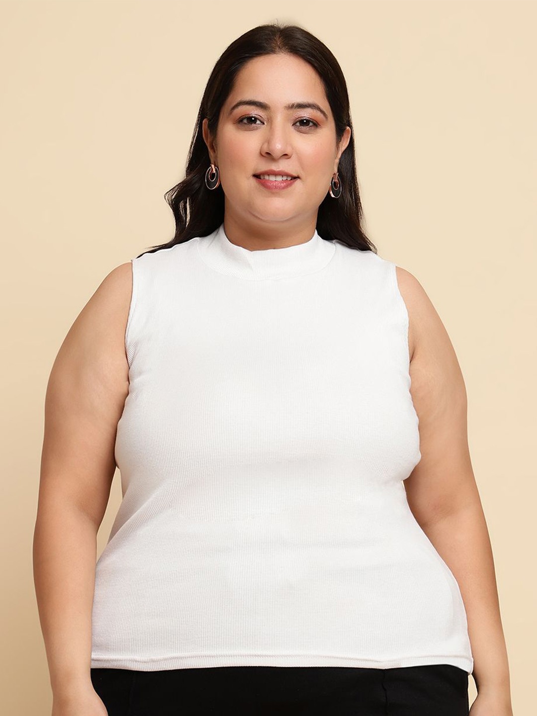 

UnaOne Solid High Neck Sleeveless Cotton Fitted Top, White