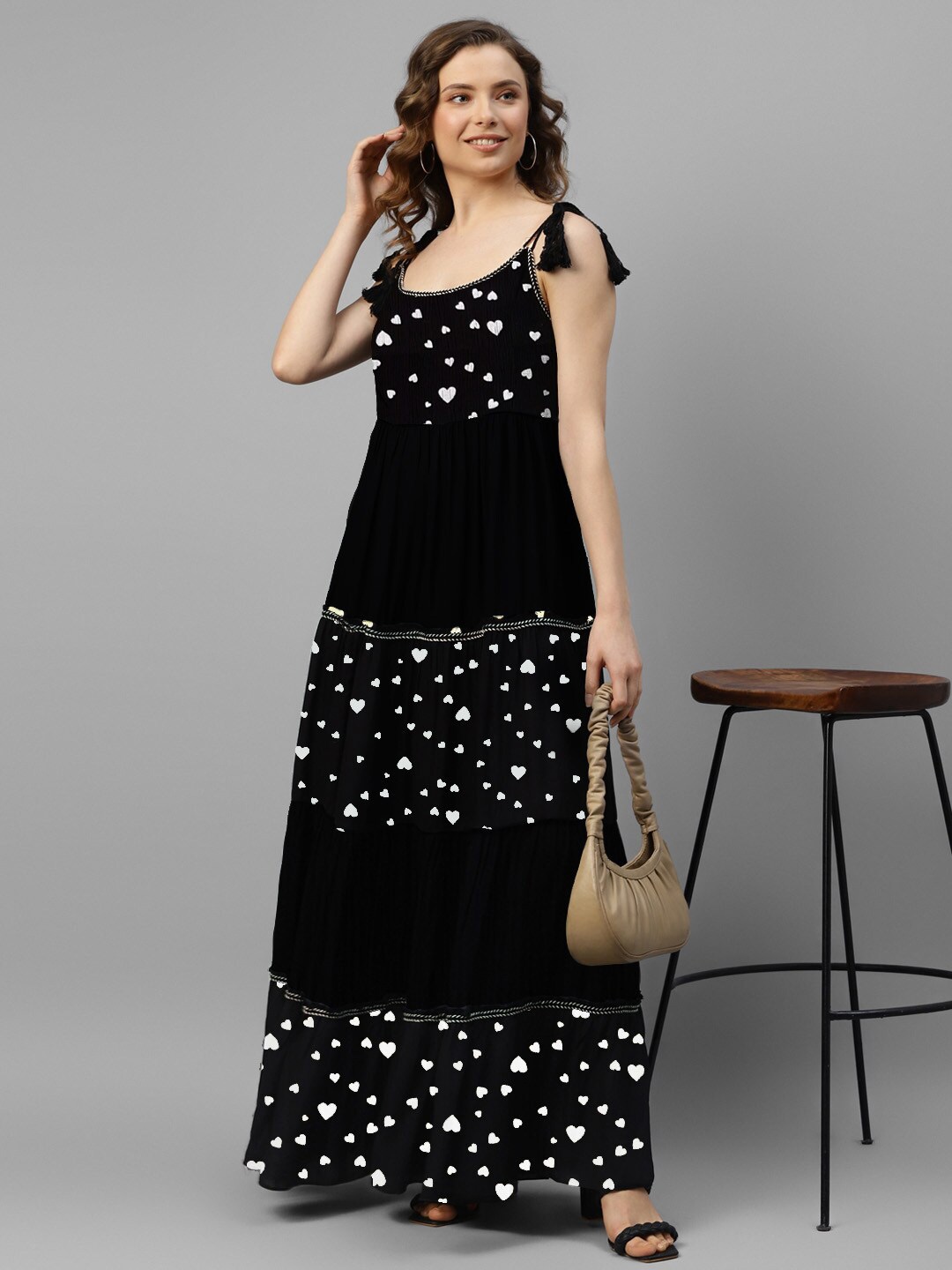 

DEEBACO Round Neck Tie up sleeves Layered Maxi Dress, Black