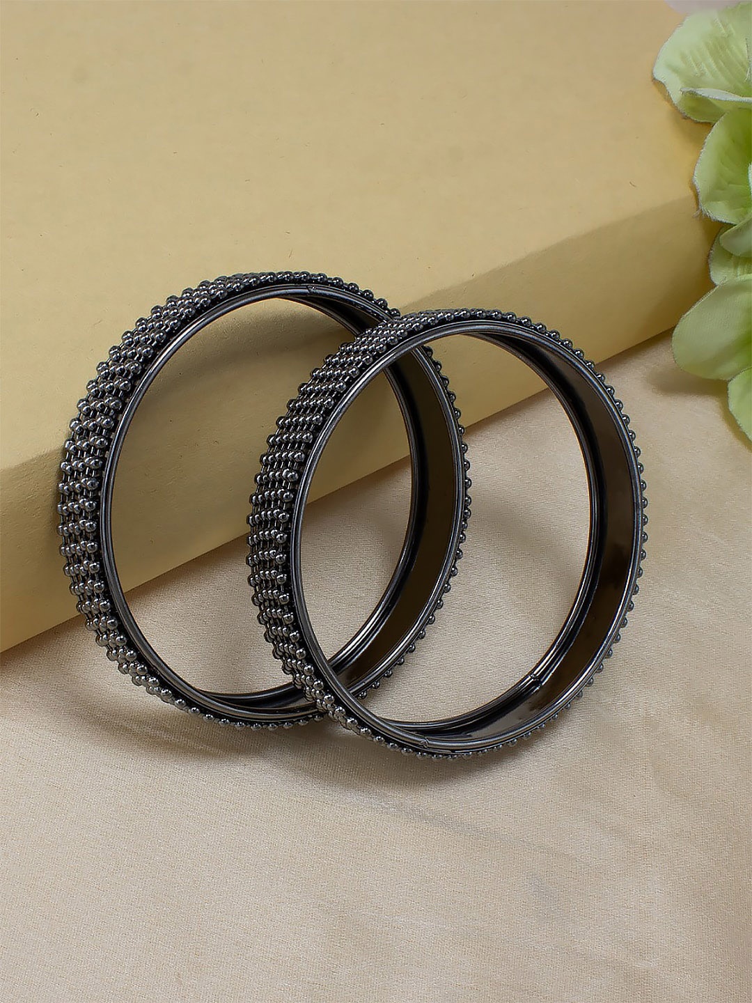 

PRIVIU Women Set Of 2 Gun Metal Beaded Bangles, Black