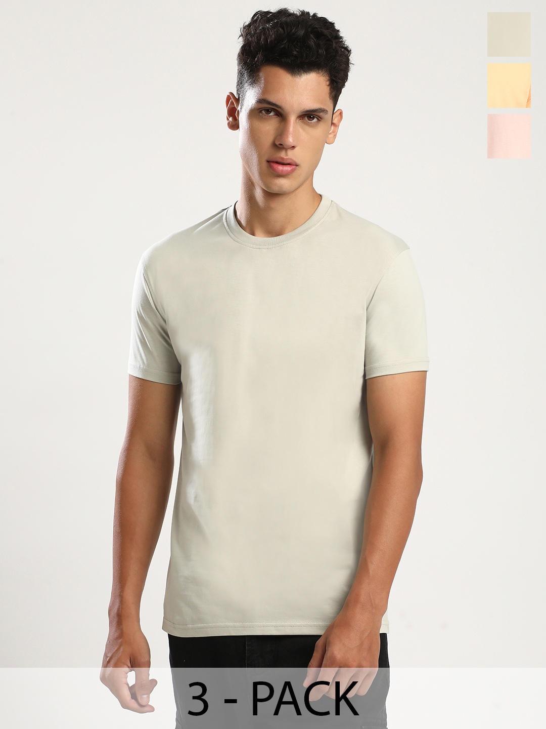 

THE DAILY OUTFITS Men Pack Of 3 Pure Cotton Solid Bio Finish T-shirt, Steel