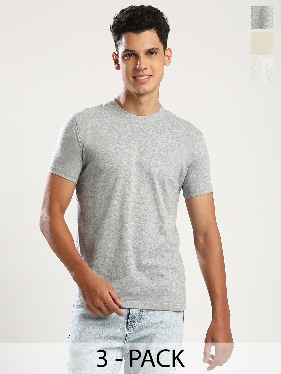 

THE DAILY OUTFITS Men Pack of 3 Pure Cotton Bio Finish Solid T-shirts, Off white