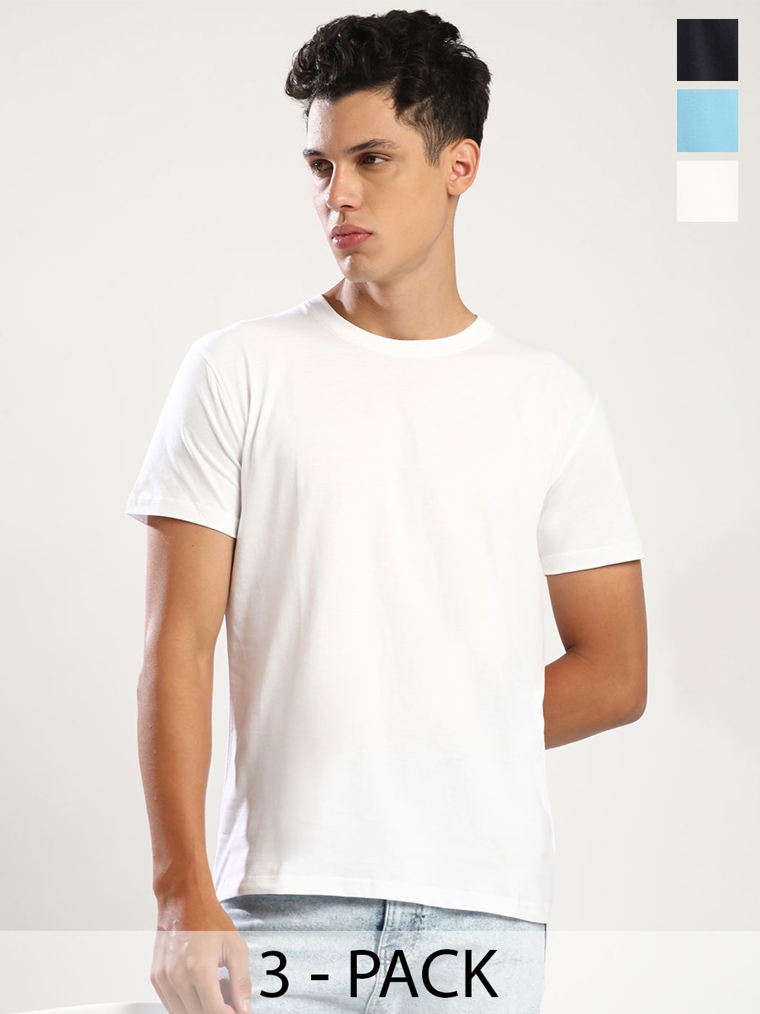 

THE DAILY OUTFITS Men Pack of 3 Round Neck Pure Cotton T-shirts, Blue