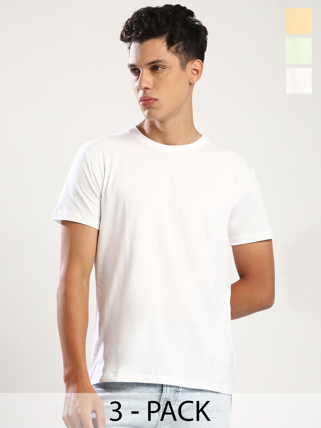 

THE DAILY OUTFITS Men Pack of 3 Round Neck Pure Cotton T-shirts, White