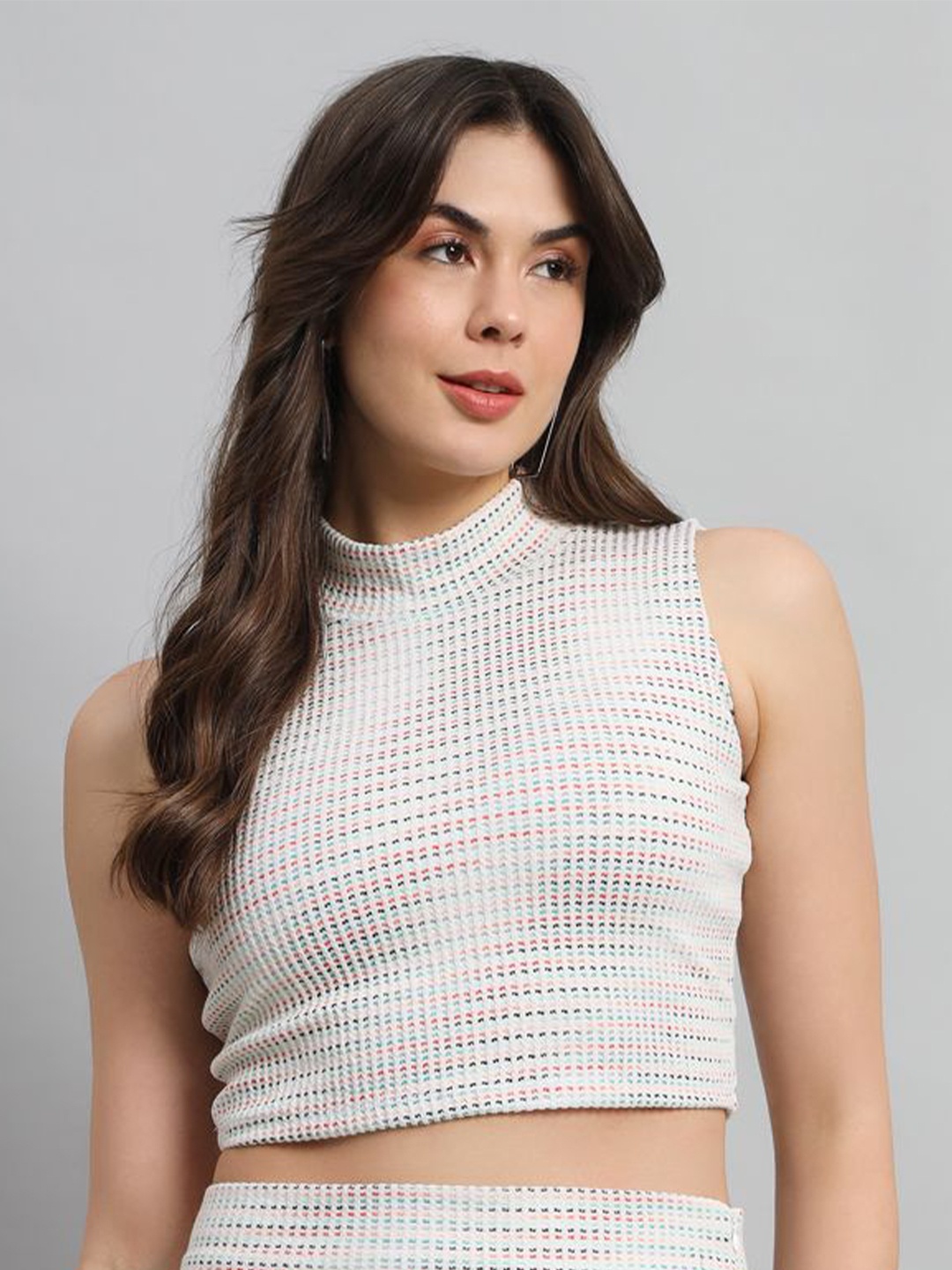 

Cation Self Design Sequinned Stripes High Neck Sleeveless Crop Top, White