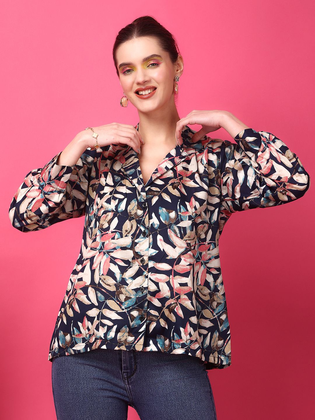 

Cation Women Opaque Printed Casual Shirt, Navy blue