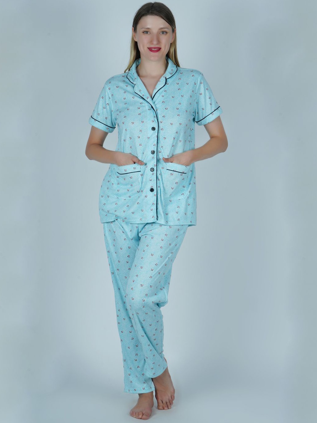

SHYAM SONS FLAIR Women Printed Night suit, Turquoise blue