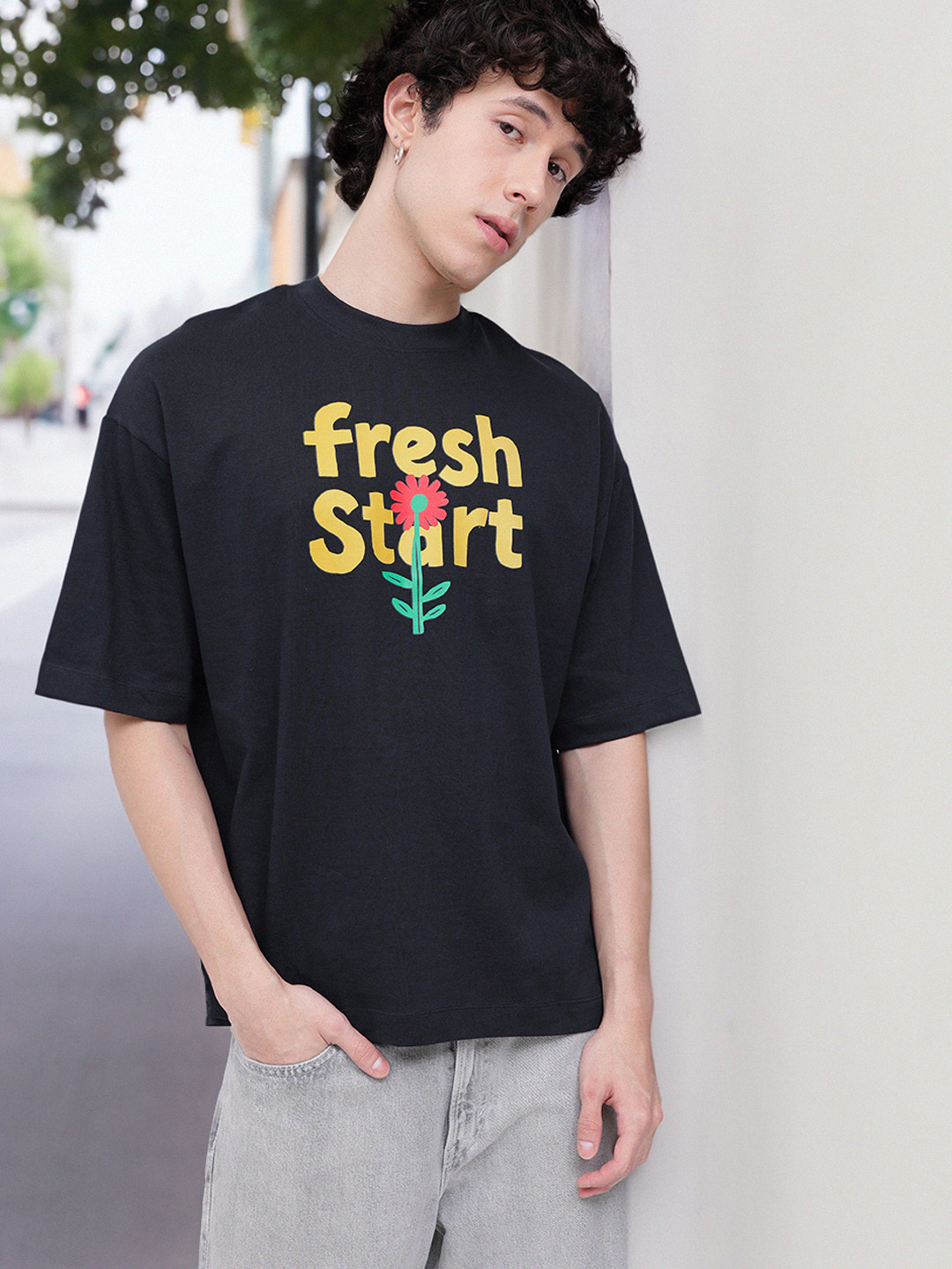 

Kook N Keech Fresh Mindset Printed Pure Cotton Oversized T-shirt, Navy blue