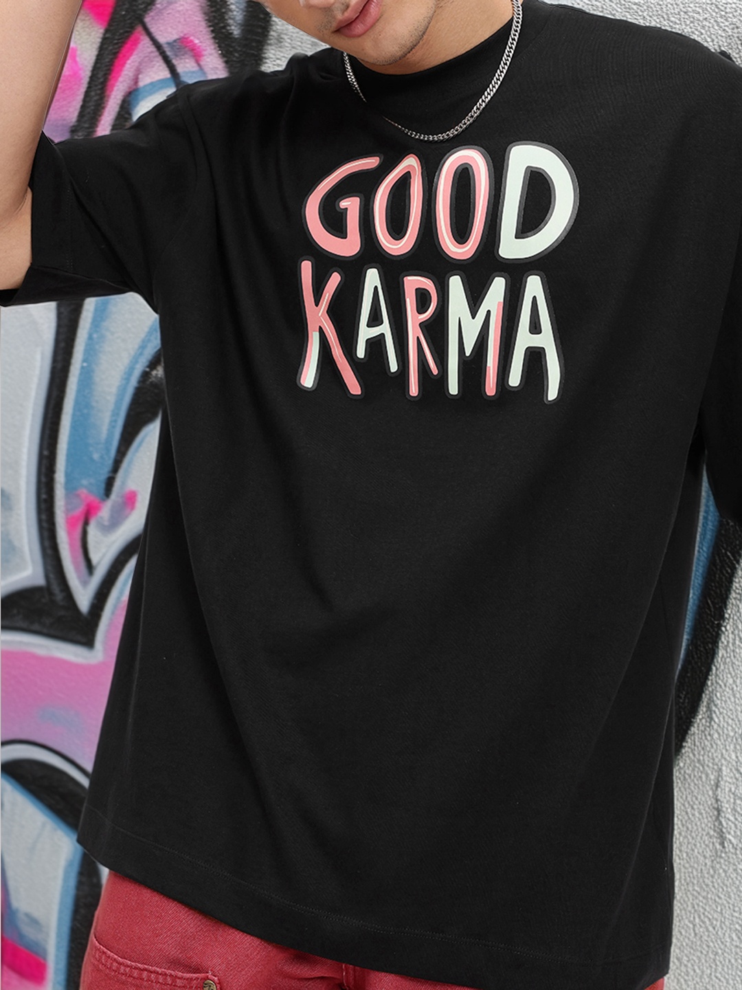 

Kook N Keech Optimistic Vibe Printed Pure Cotton Oversized T-shirt, Black