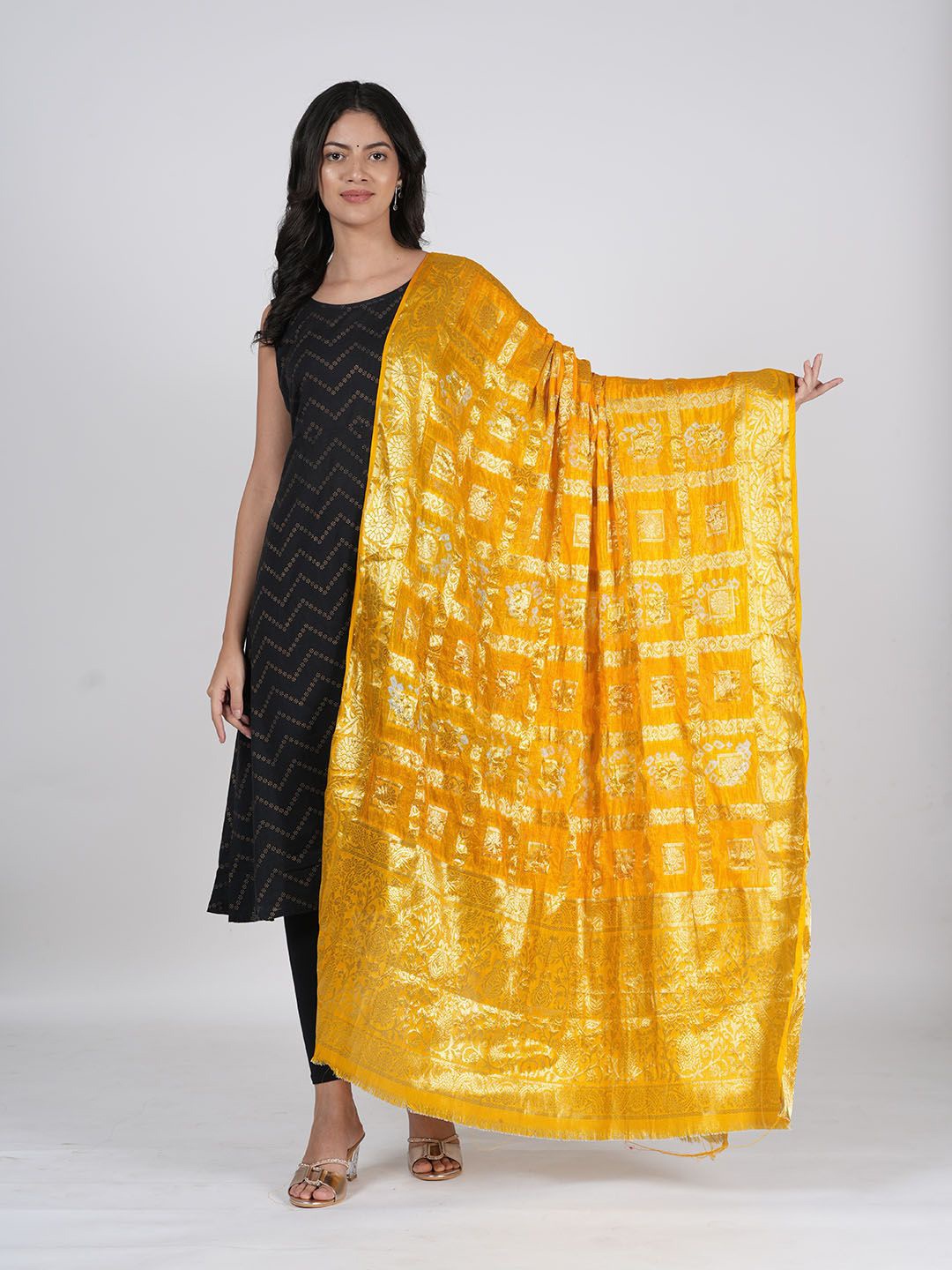 

MUFFLY Woven Design Bandhani Dupatta, Yellow