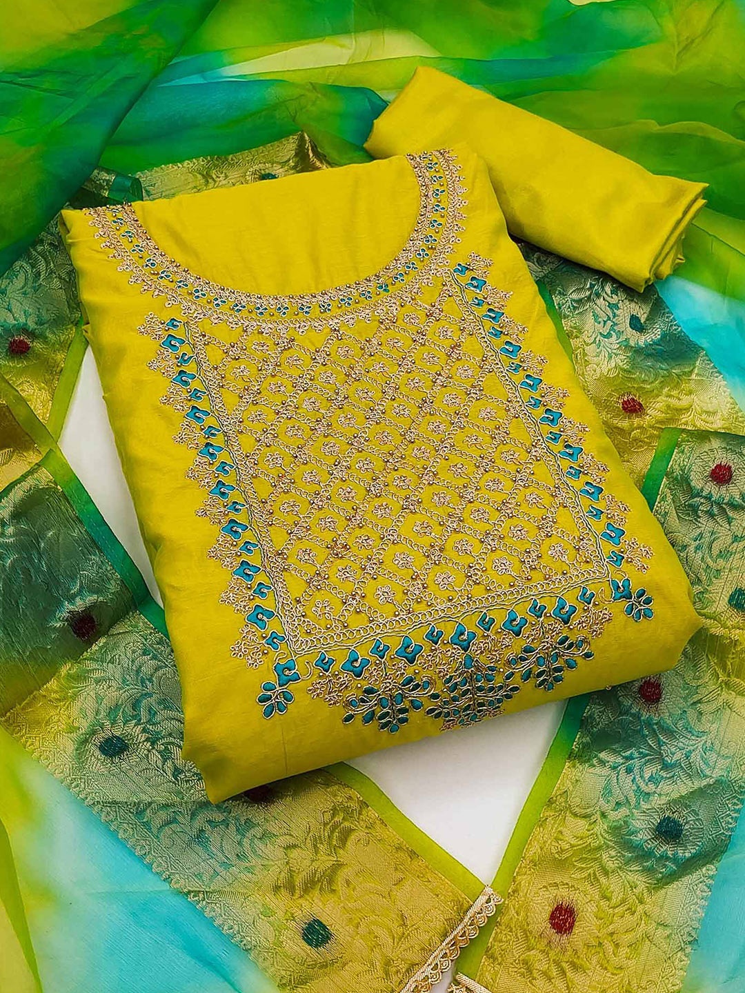 

Peachmode Embroidered Unstitched Dress Material, Yellow