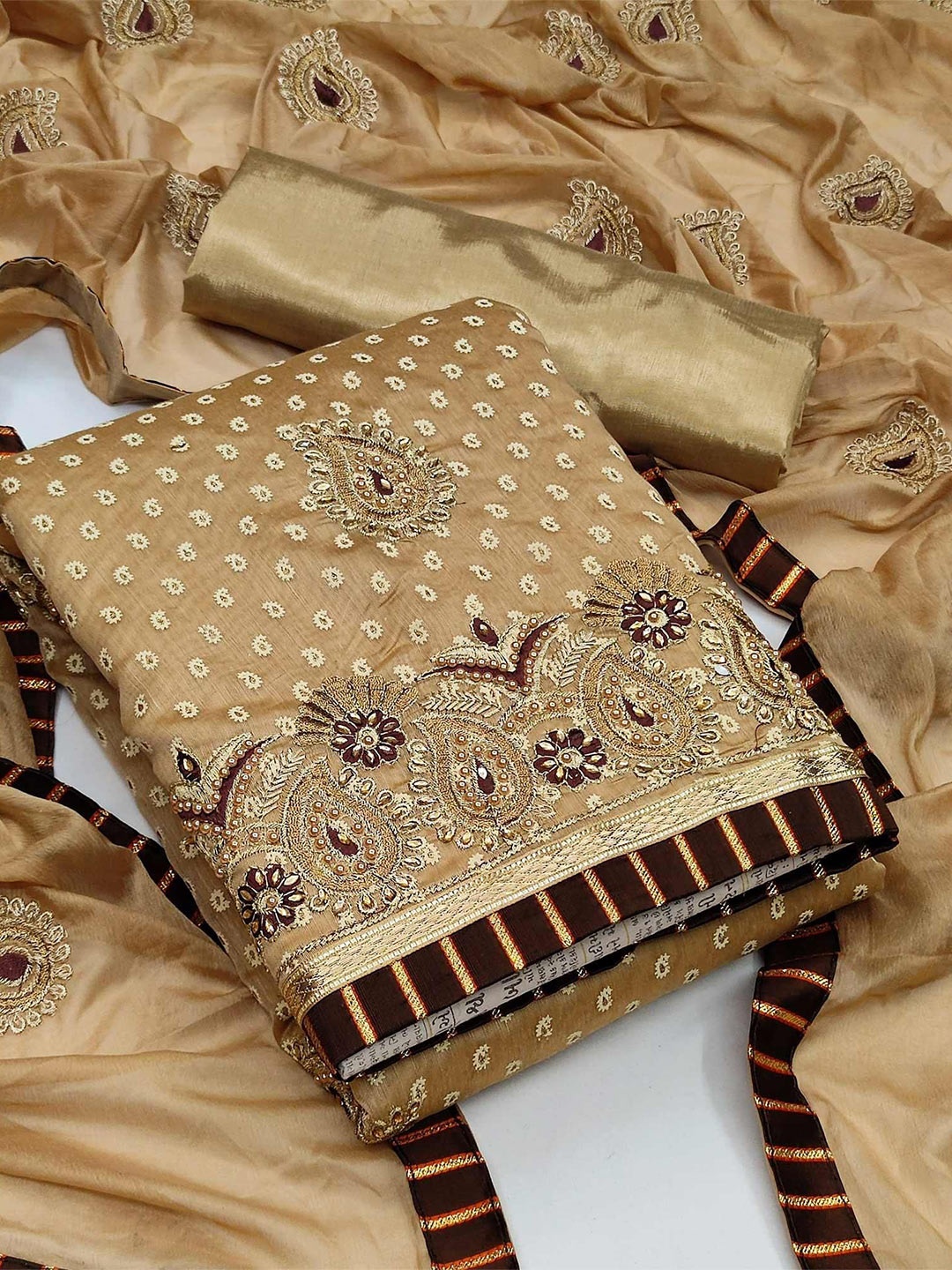 

Peachmode Ethnic Motifs Embroidered Unstitched Dress Material, Beige