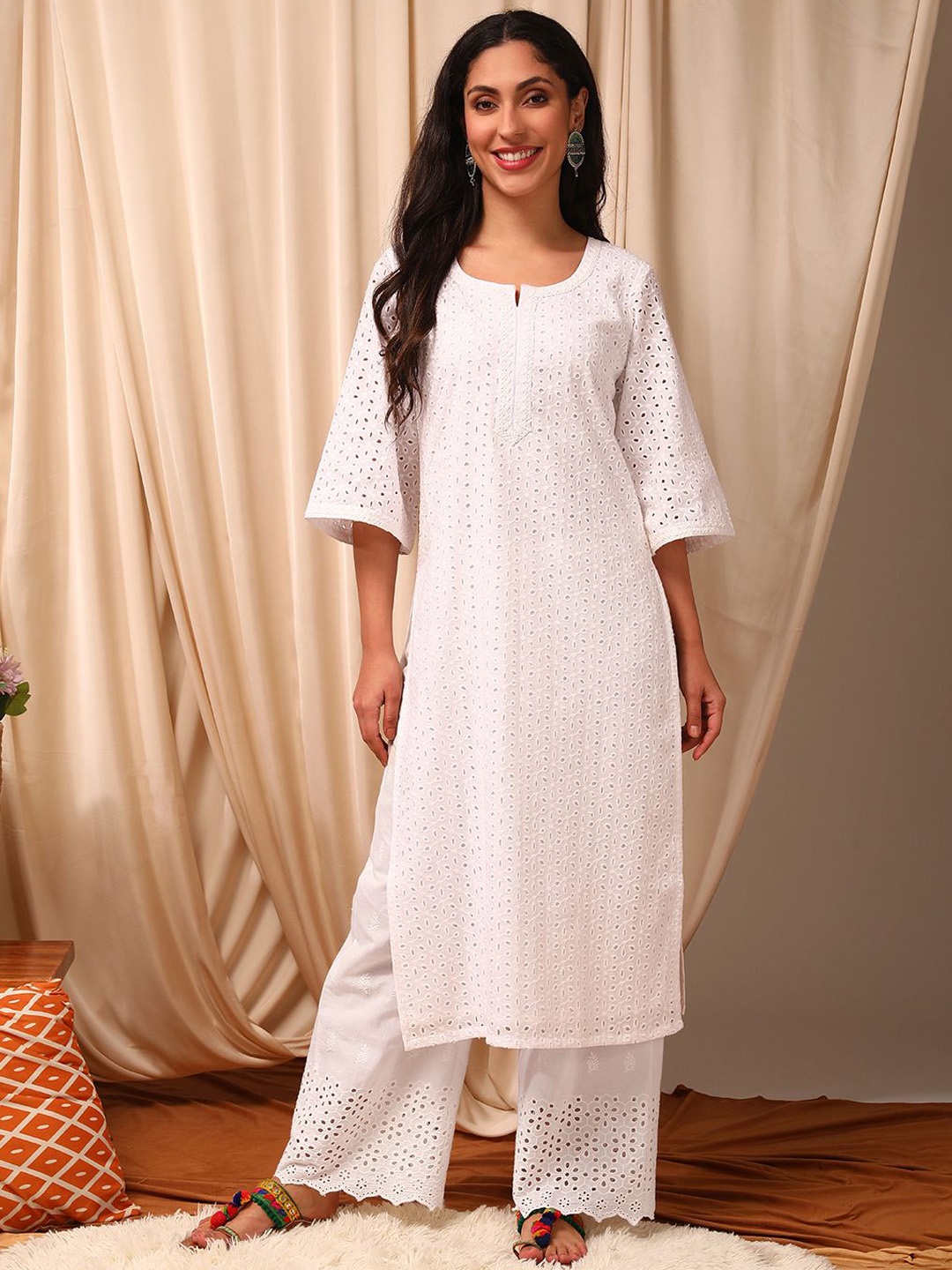 

Inddus Women Ethnic Motifs Embroidered Flared Sleeves Chikankari White Romance Kurta