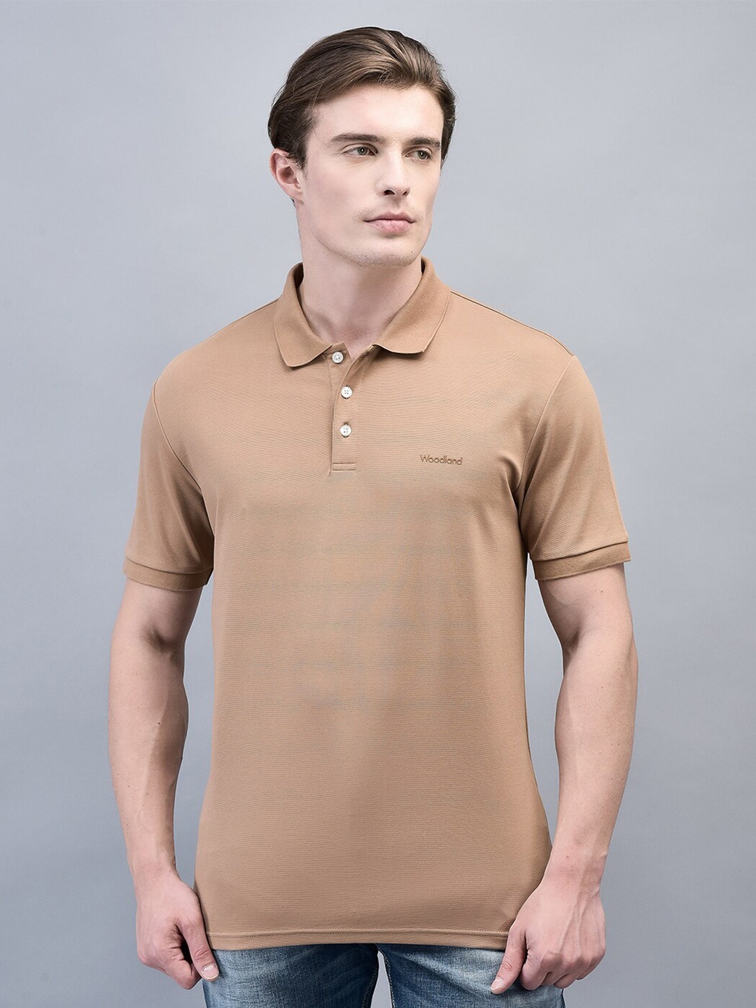 

Woodland Men Self Design Embroidered Brand Logo Polo Collar T-shirt, Brown